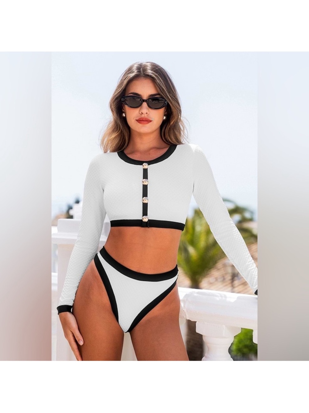 Cupshe White and Black Long Sleeve Crop Bikini Set